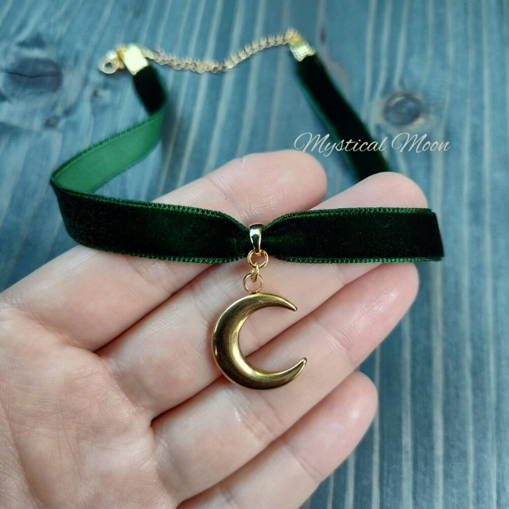 Dark Hunter Green Velvet Choker Necklace with Golden Crescent Moon Pendant